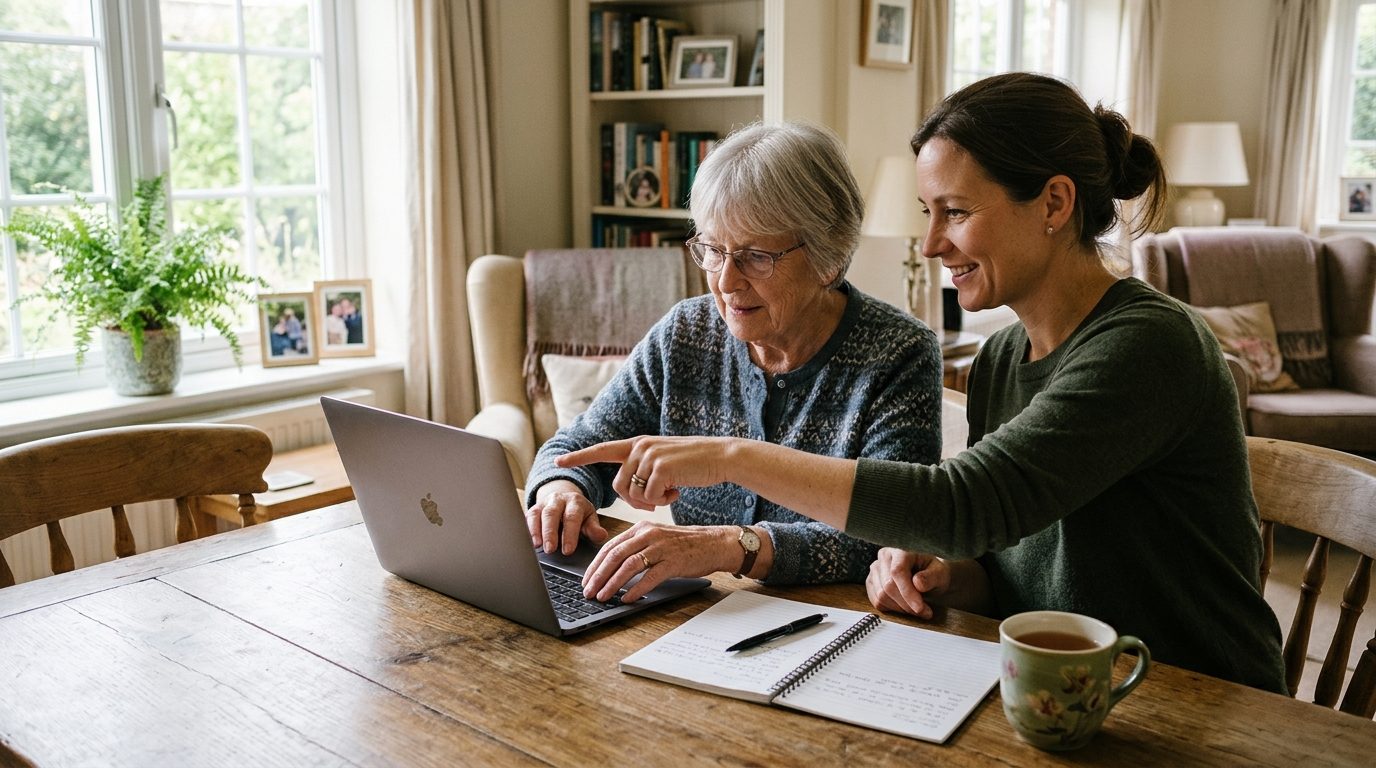 Une femme senior souriante apprenant à utiliser un ordinateur portable avec l'aide d'un proche bienveillant.