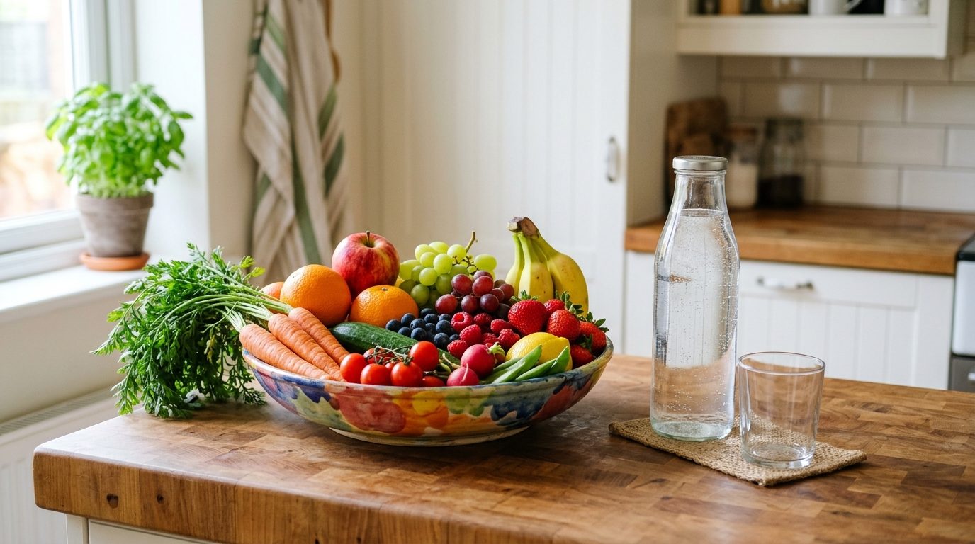 Table de cuisine lumineuse avec des fruits frais, des légumes et une bouteille d'eau